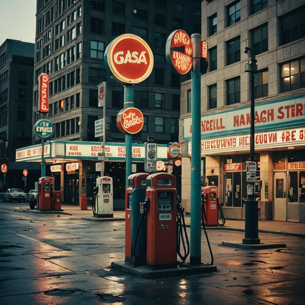 Vintage Gas Station Signs in Downtown Scene