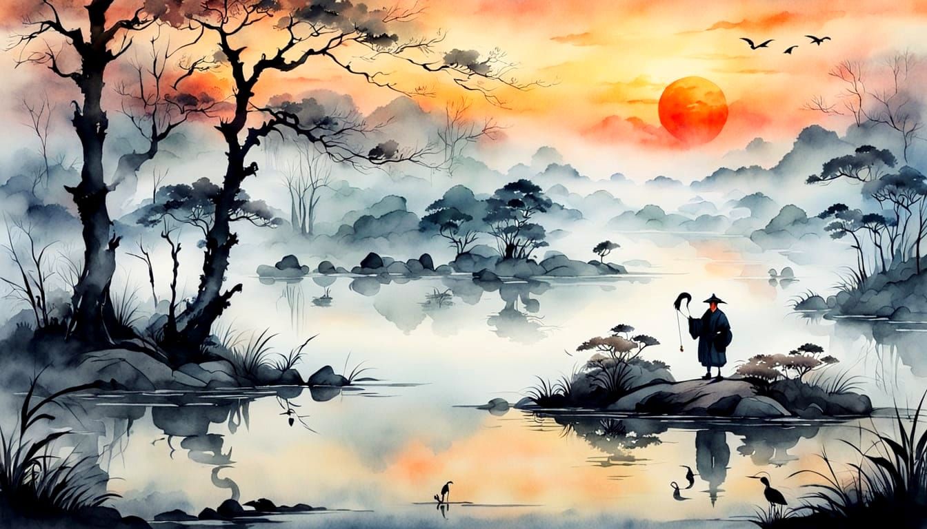 Sunset Silhouette: Chinese Scene in Watercolor