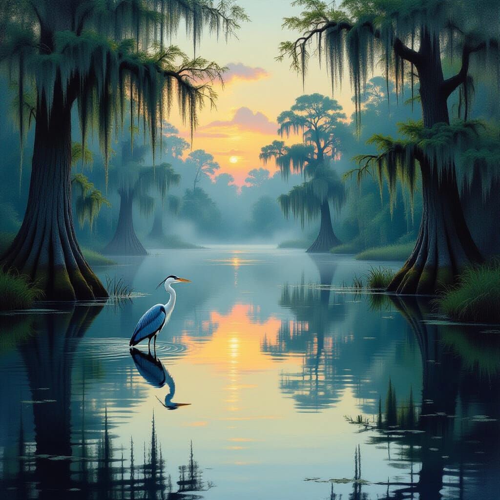 Misty Swamp Sunrise with Heron, Hudson River School Style