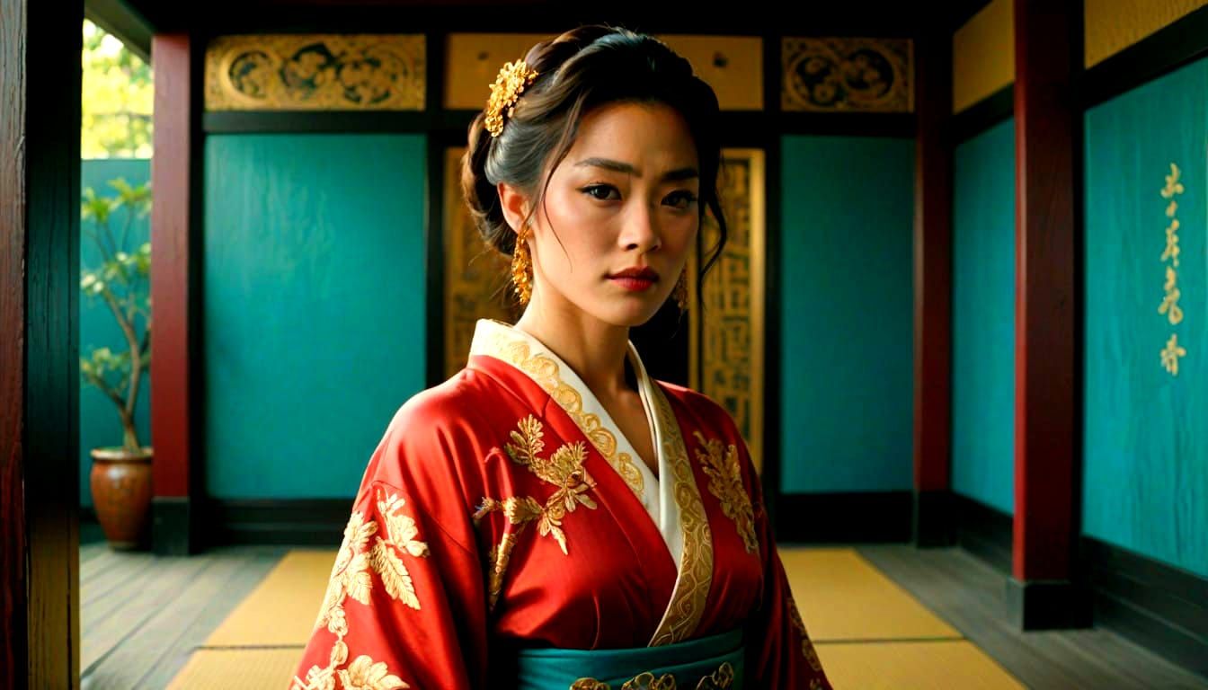 Ethereal Japanese Actress in Resplendent Kimono