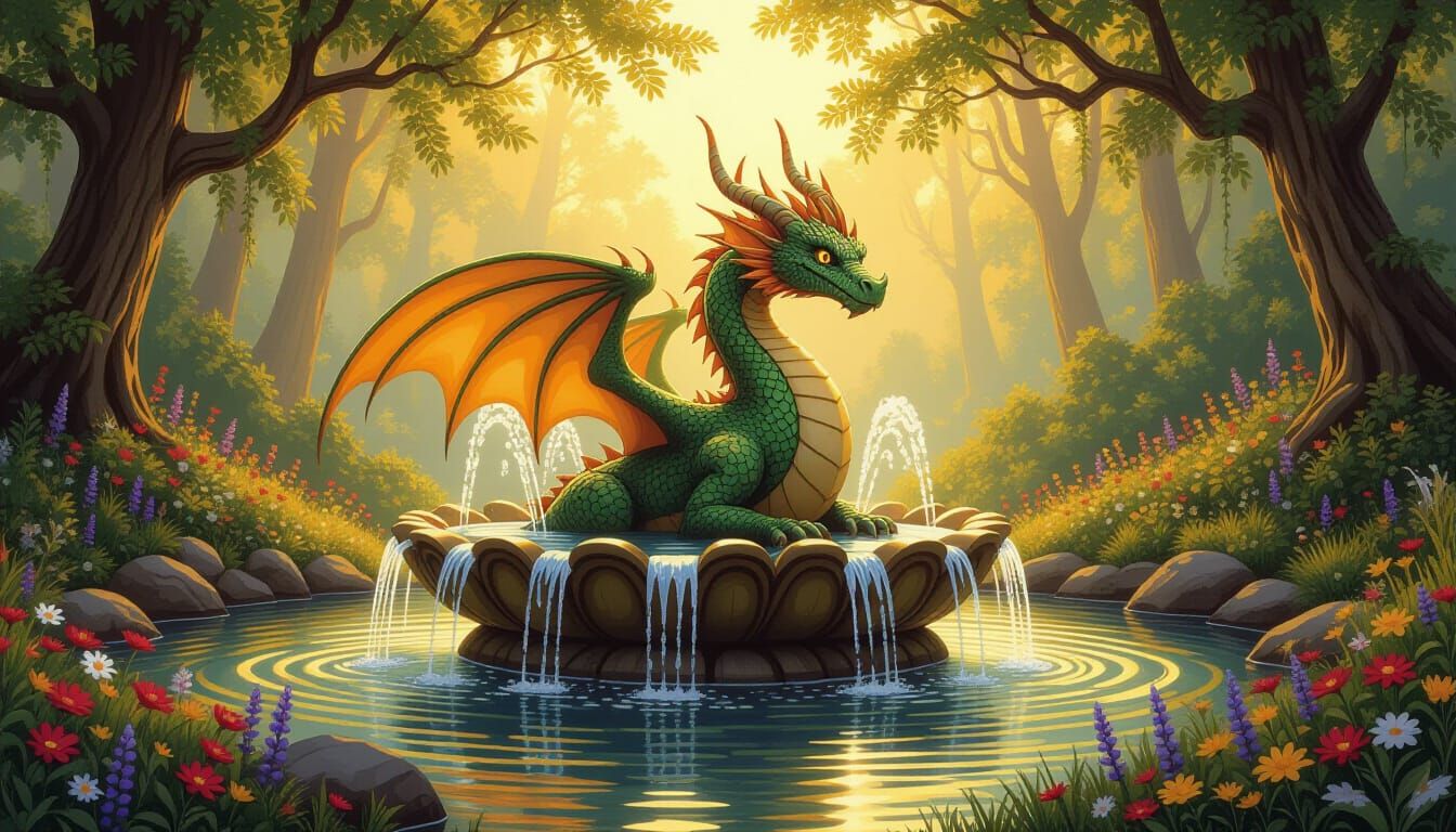 Mythical Dragon Fountain in Whimsical Forest