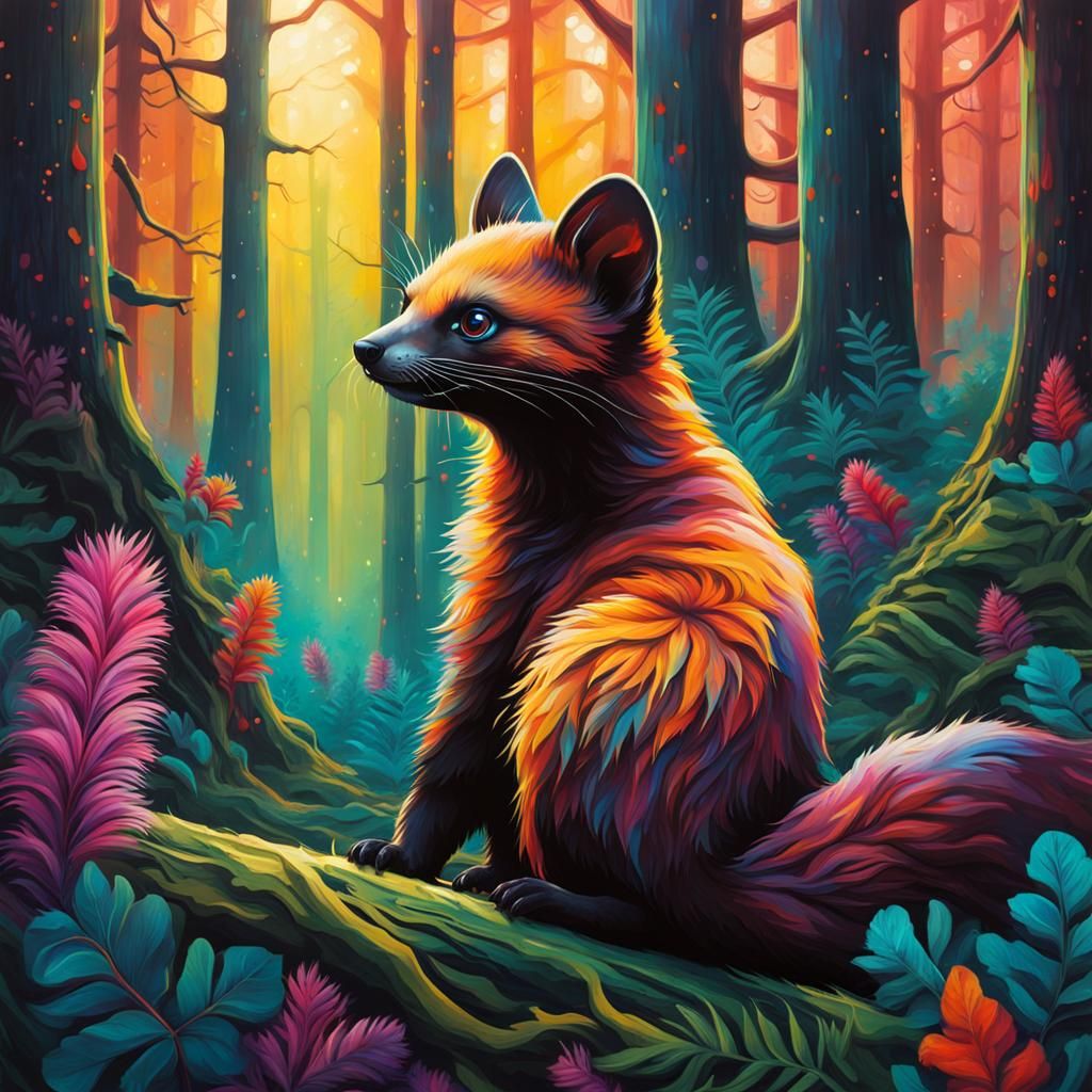 Fantastical Pine Marten in Alien Forest Graffiti Art