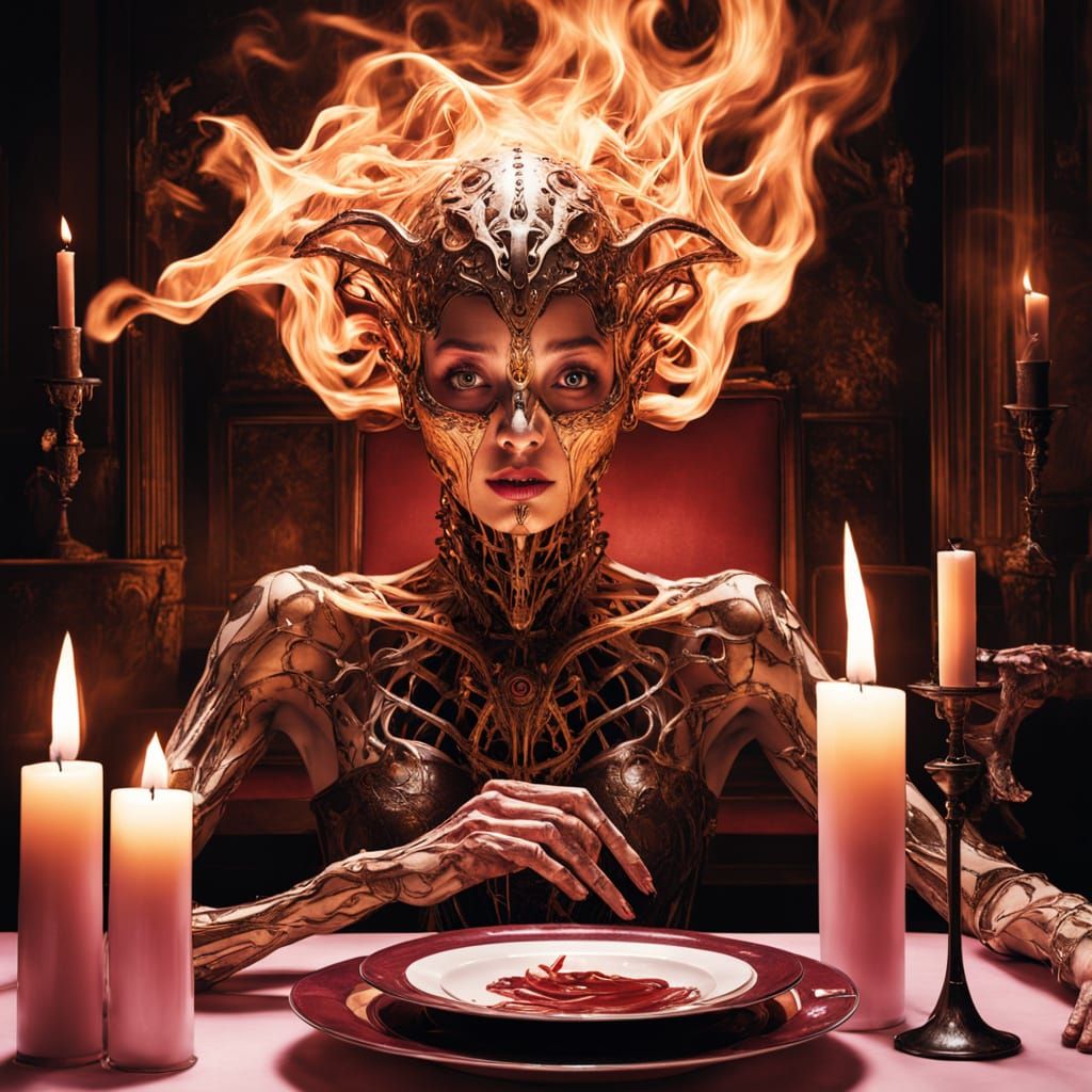 Biomechanical Surrealism: Dancing Flames and Eerie Beauty