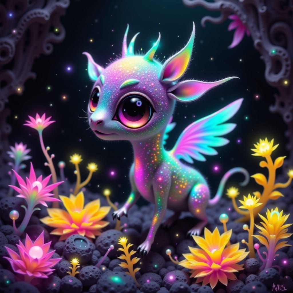 Rainbow Giraffe in Crystal Cave: Whimsical Digital Art