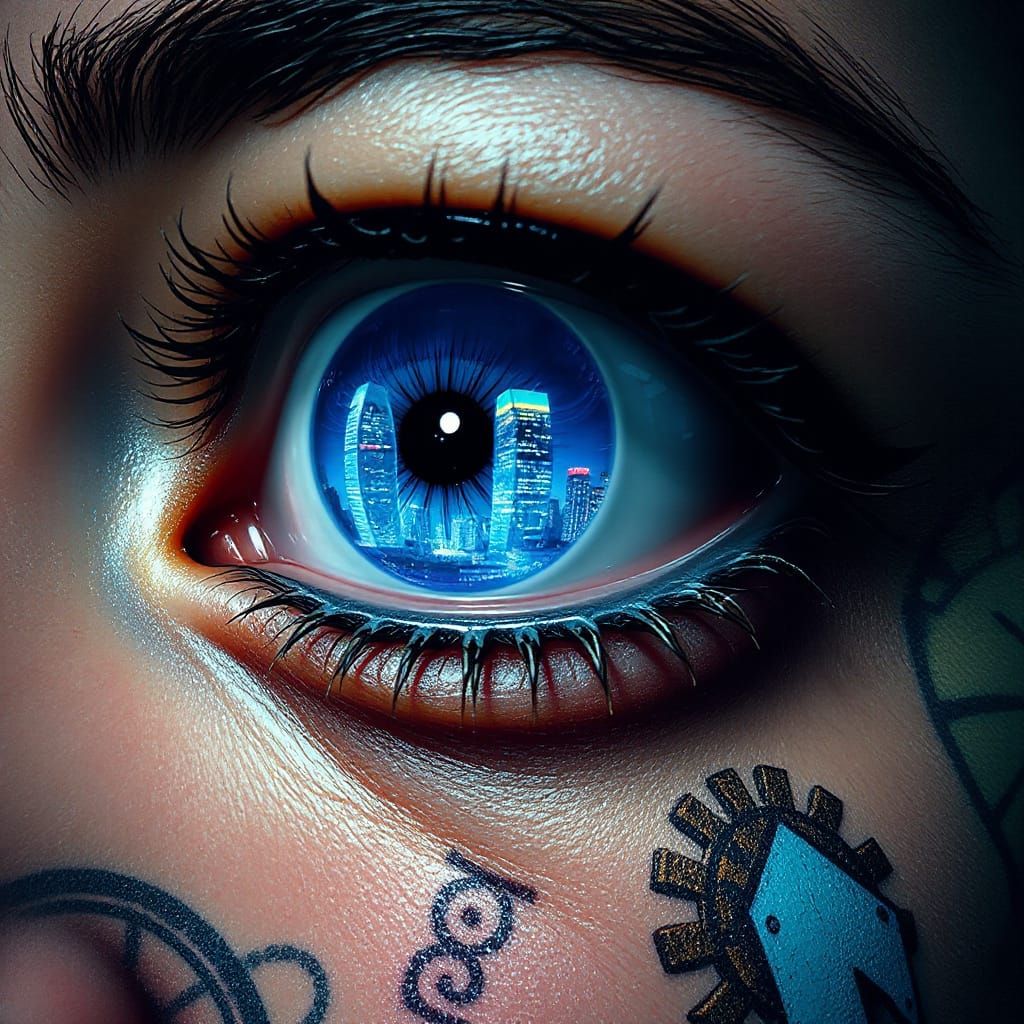 Cyberpunk Eye Reflecting Neon Cityscape