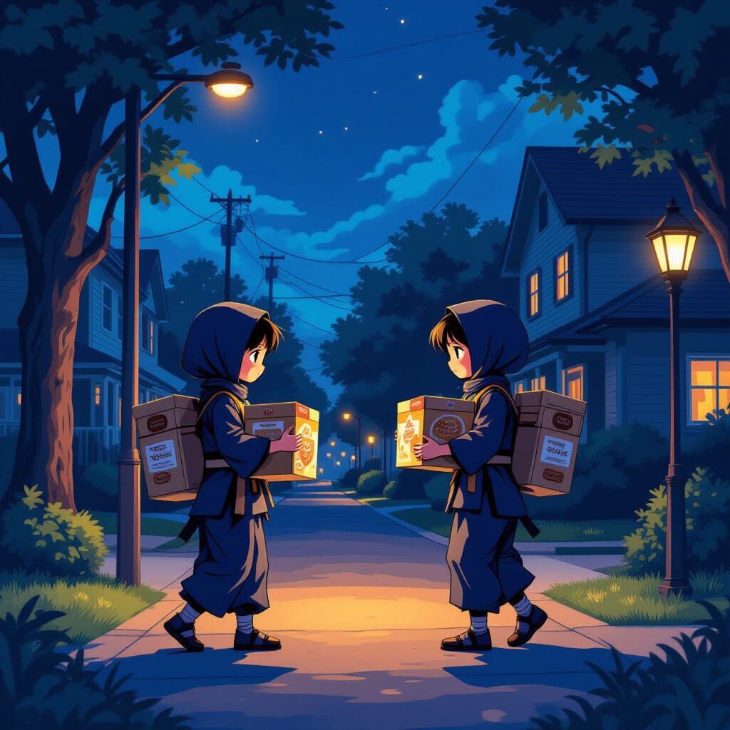 Girl Scout Ninjas Sell Cookies in Suburban Dusk