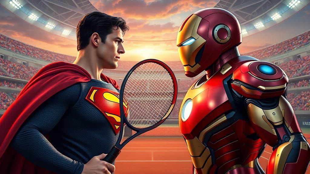Superman vs Iron Man Tennis Match in Stadium