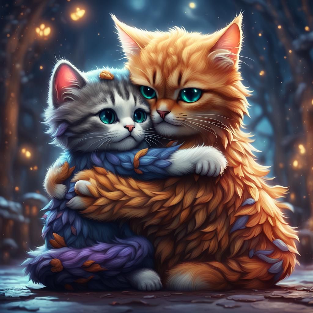 Two Cute Cats Hugging: Detailed Digital Painting