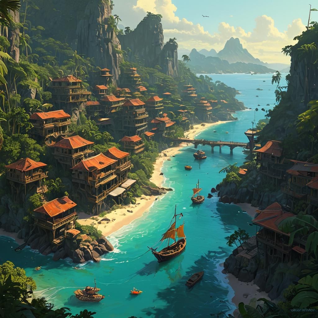 Tropical Pirate Town in Cove: Matte Painting Style