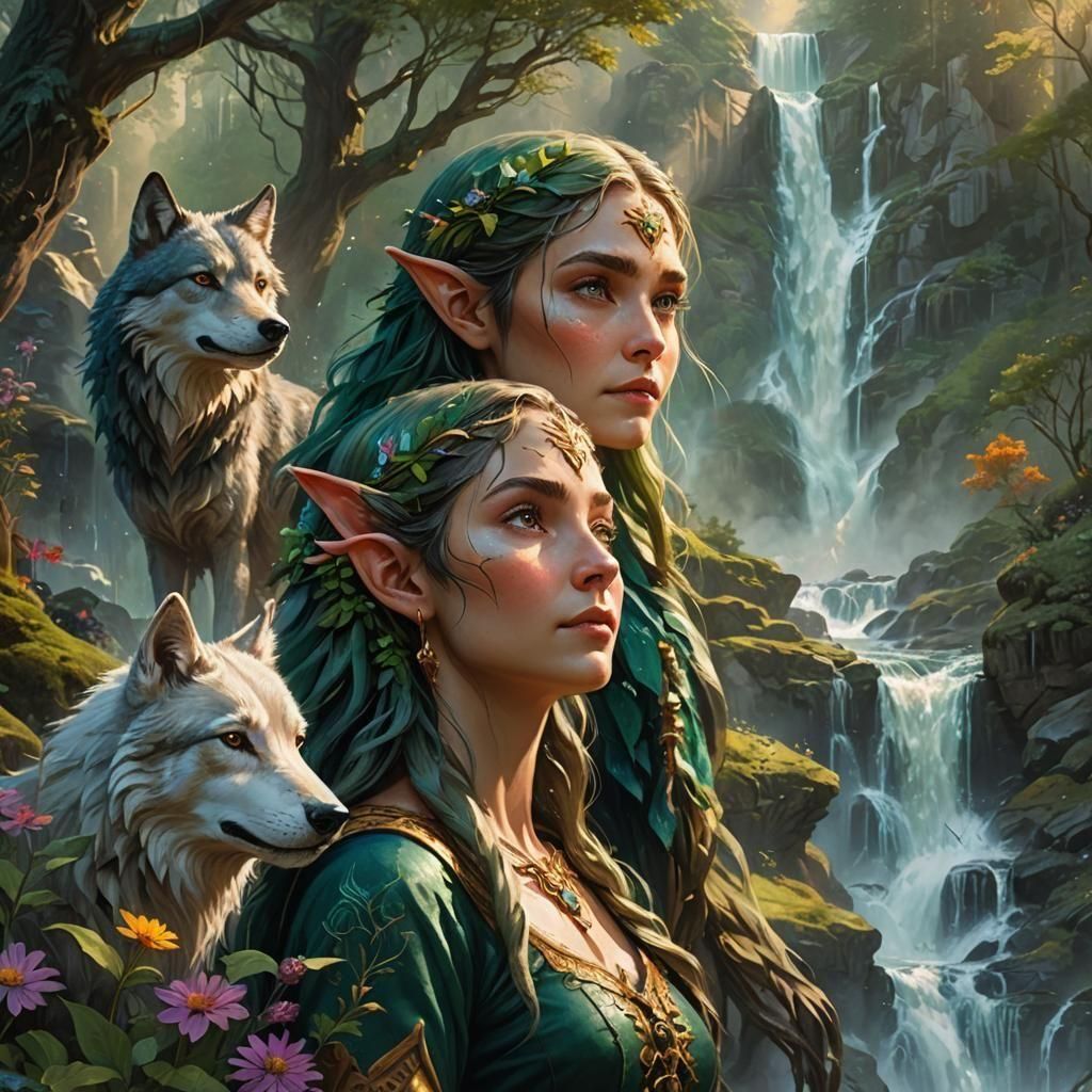 Enchanted Forest Scene: Wolf and Elf Friends