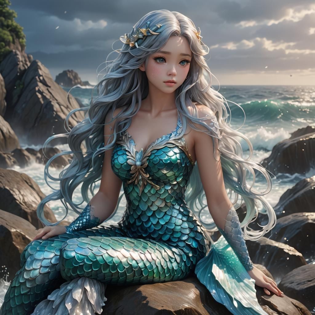 Anime Mermaid on Rock in 3D Art