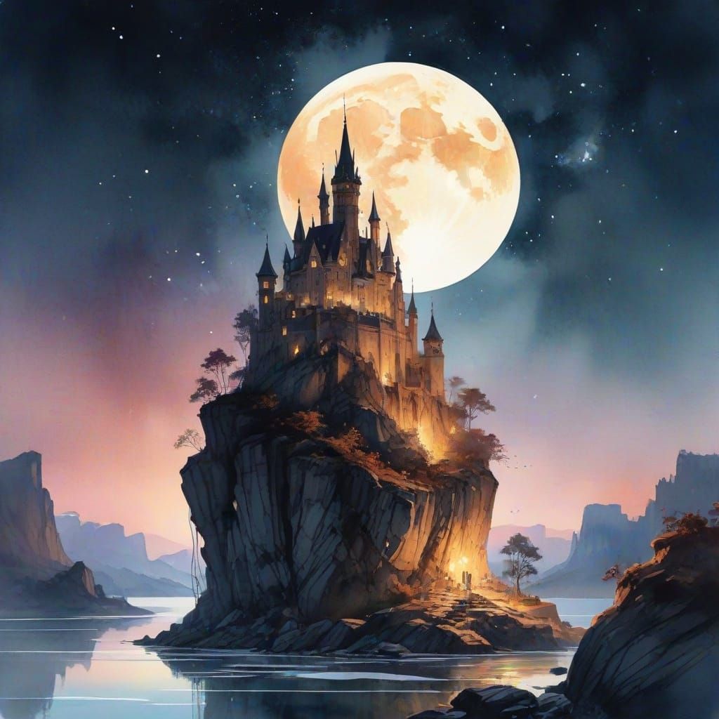 Whimsical Moonlit Castle Scene with Serene Child