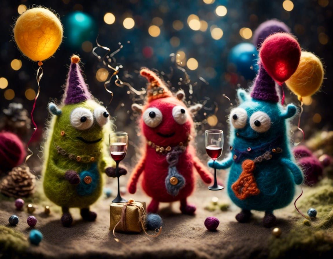 Chibi Monsters Celebrate New Year's Eve in Felted Wool Style