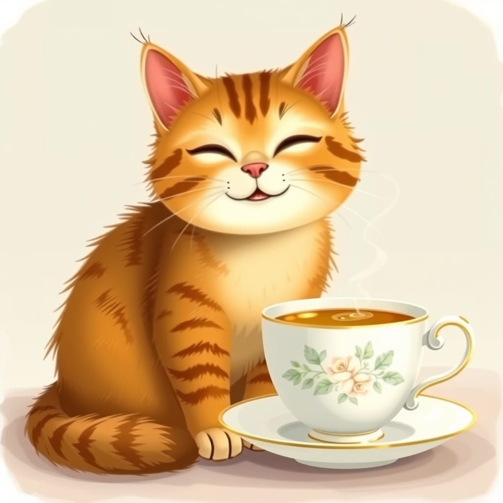 Cat's Joyful Reflection in Teacup
