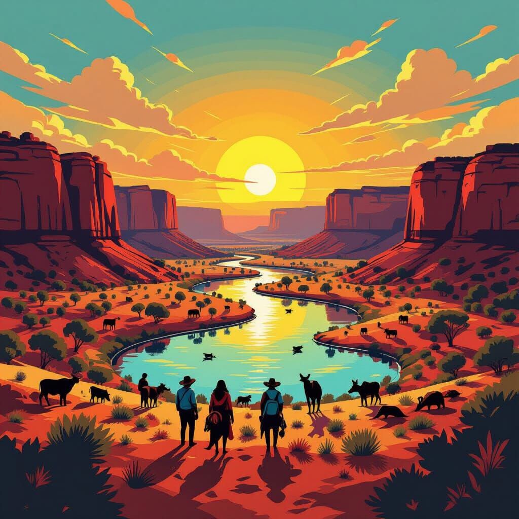 Indigenous Outback Life in Bold Graphic NFT Style