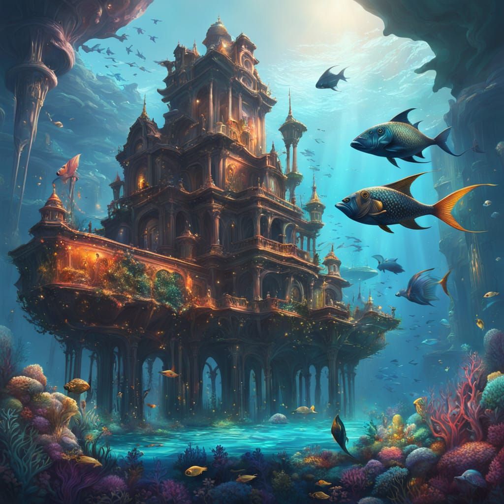 Underwater Palace of Atlantis in Iridescent Ocean with Merma...