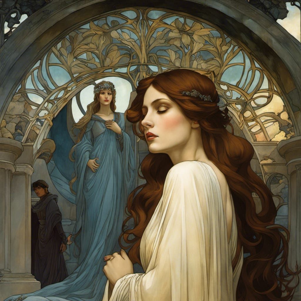 Tragic Woman in Stone Ruins: Pre-Raphaelite Art