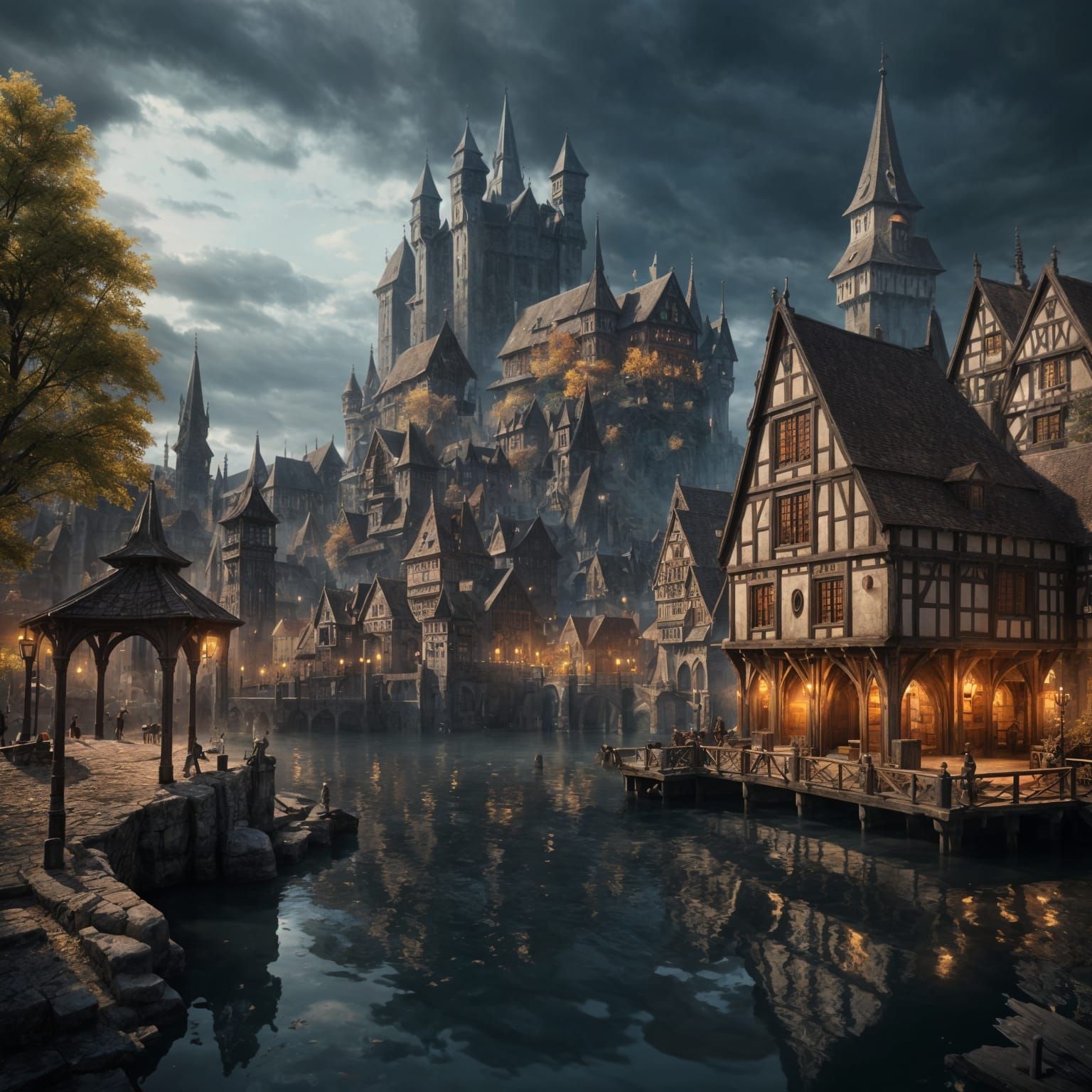 Dark Fantasy Medieval City on Lake, German Style