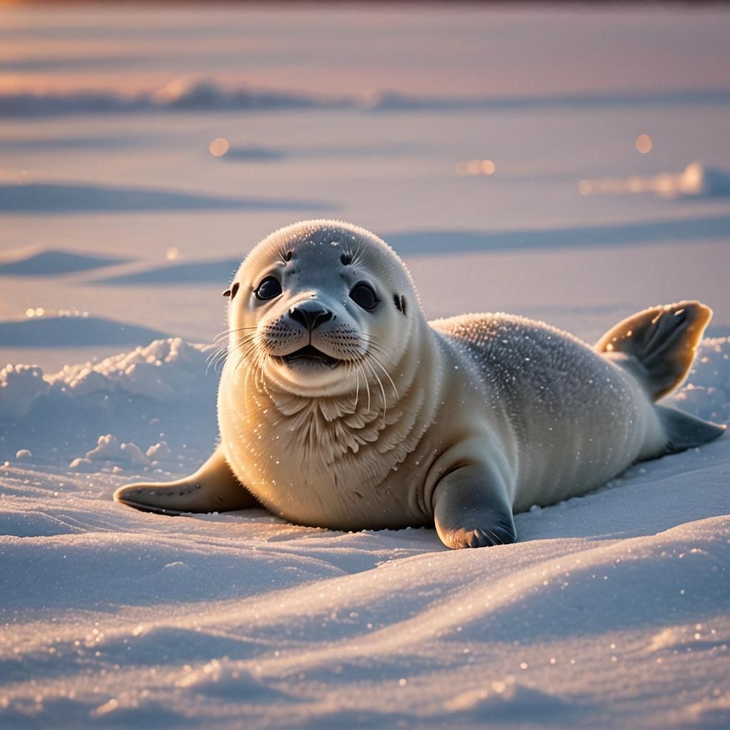 Smiling Baby Seal in Sunset Snowscape