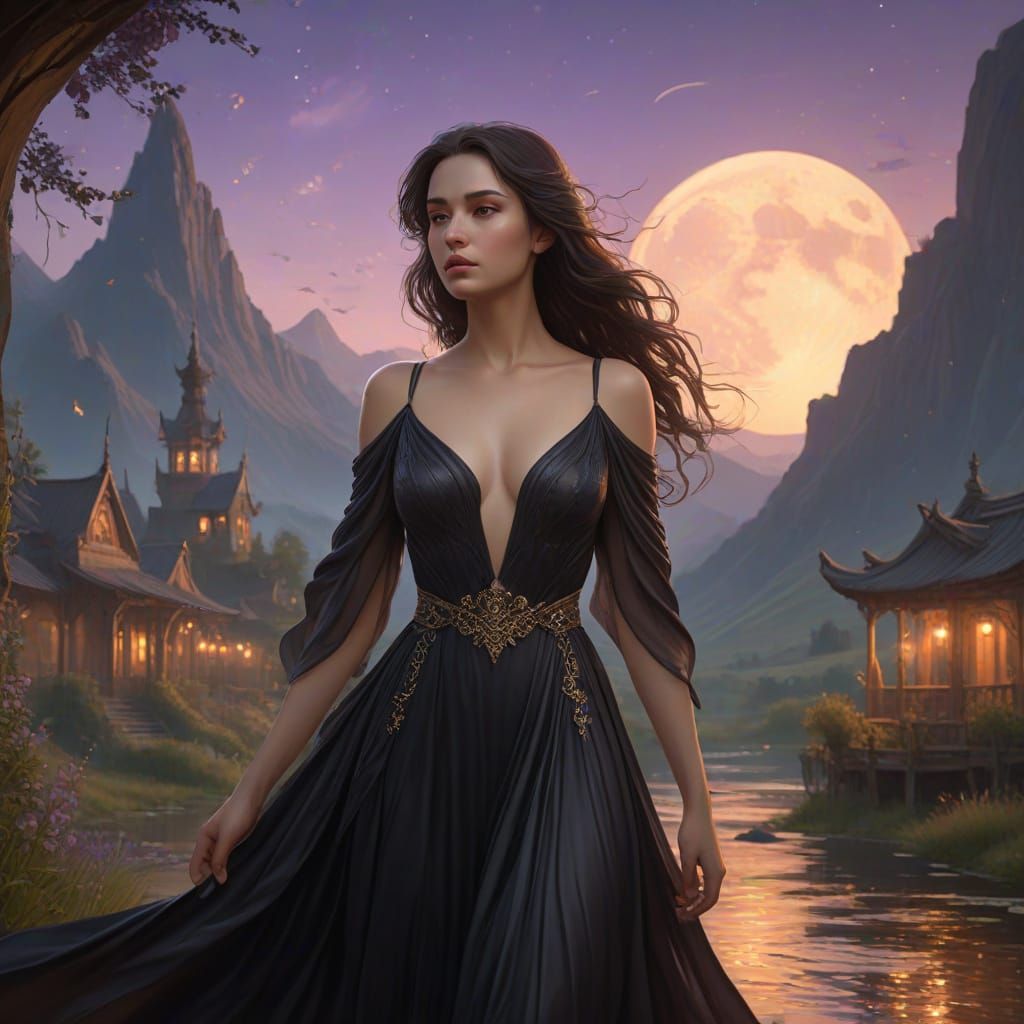 Woman in Crescent Moonlit Landscape