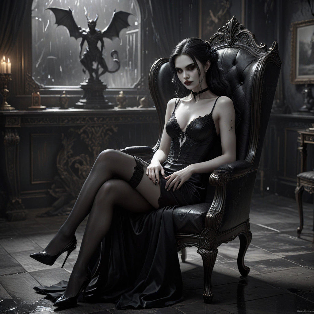 Mysterious Vampire Lady in Art Gallery at Night