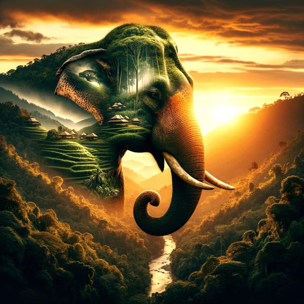 Elephant and Rainforest Double Exposure at Sunset