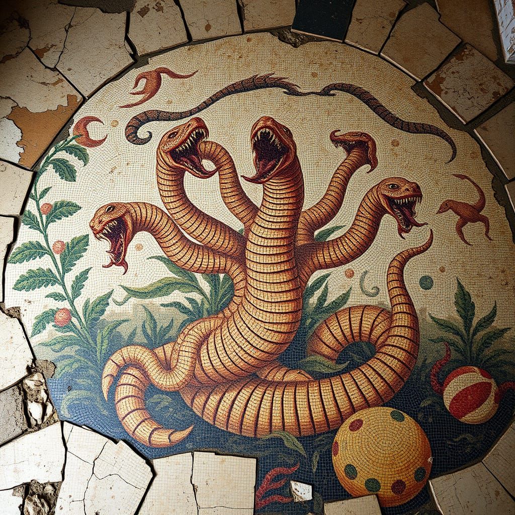 Ancient Greek Hydra Mosaic in Pompeii-Style Concept Art