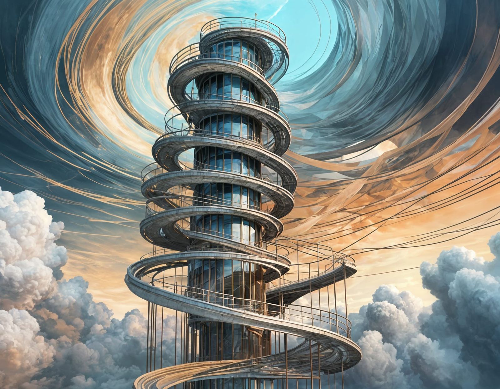 Kinetic Spiral Wire Tower: Isometric Architectural Render
