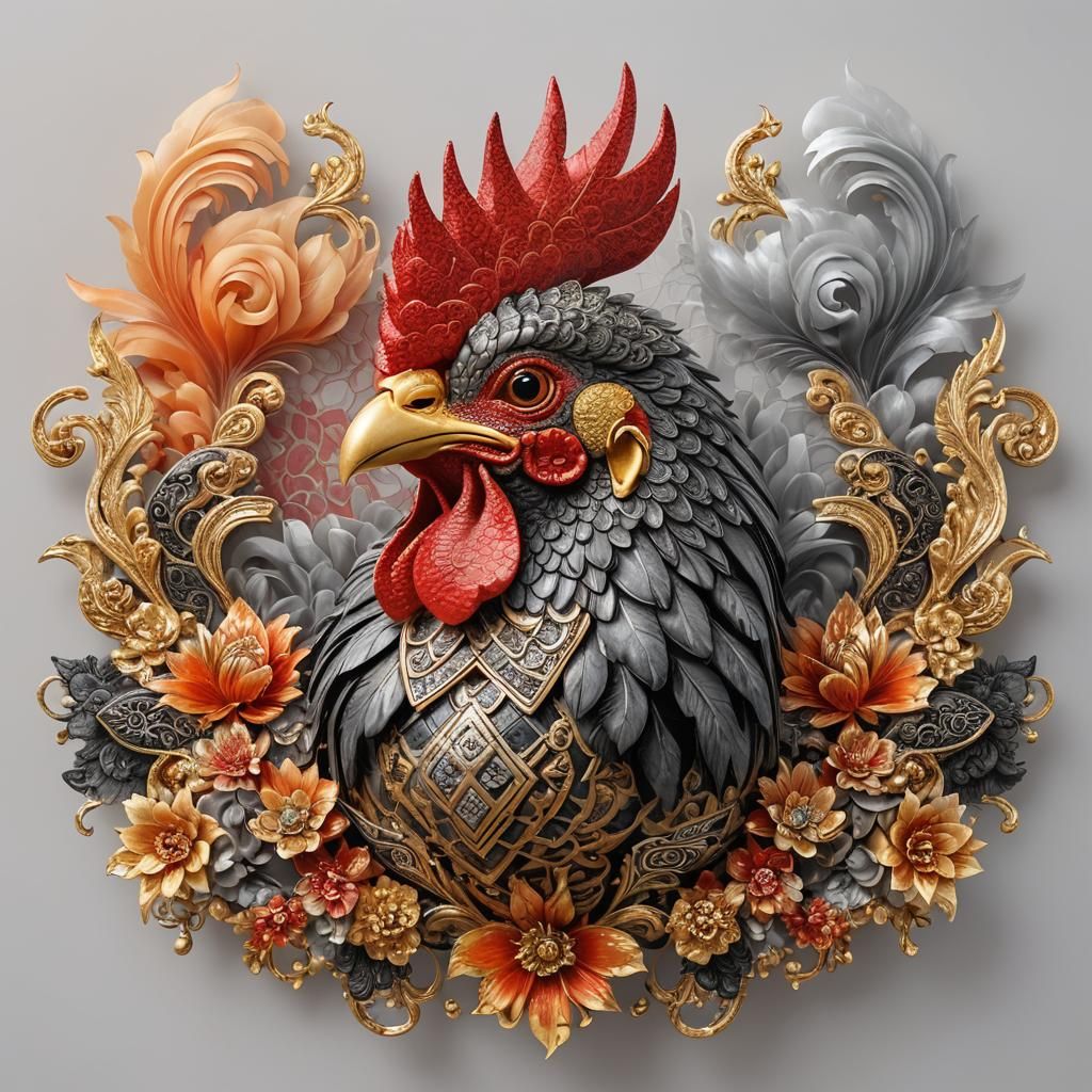 Armored Chicken Face in Ornate Thai Art Style