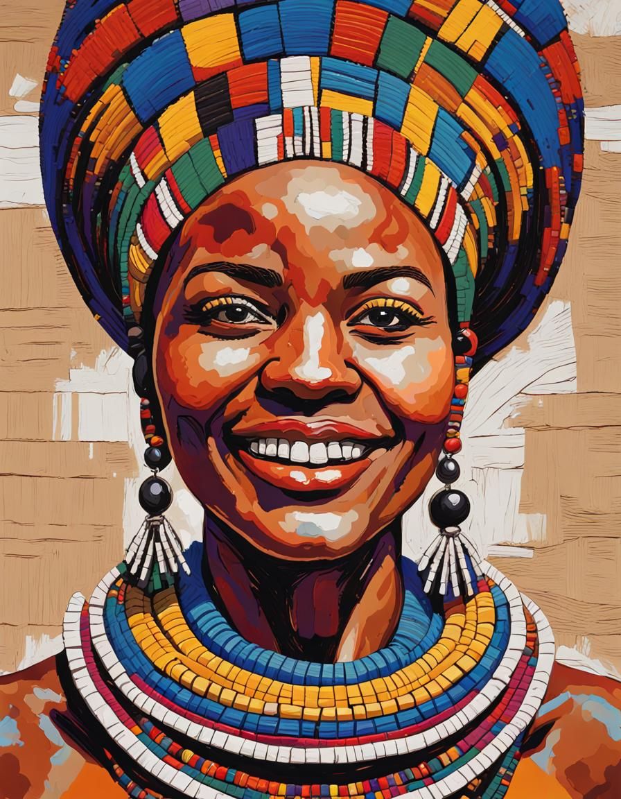 Elegant Ndebele Woman in Colorful Woodcut Acrylic Impasto