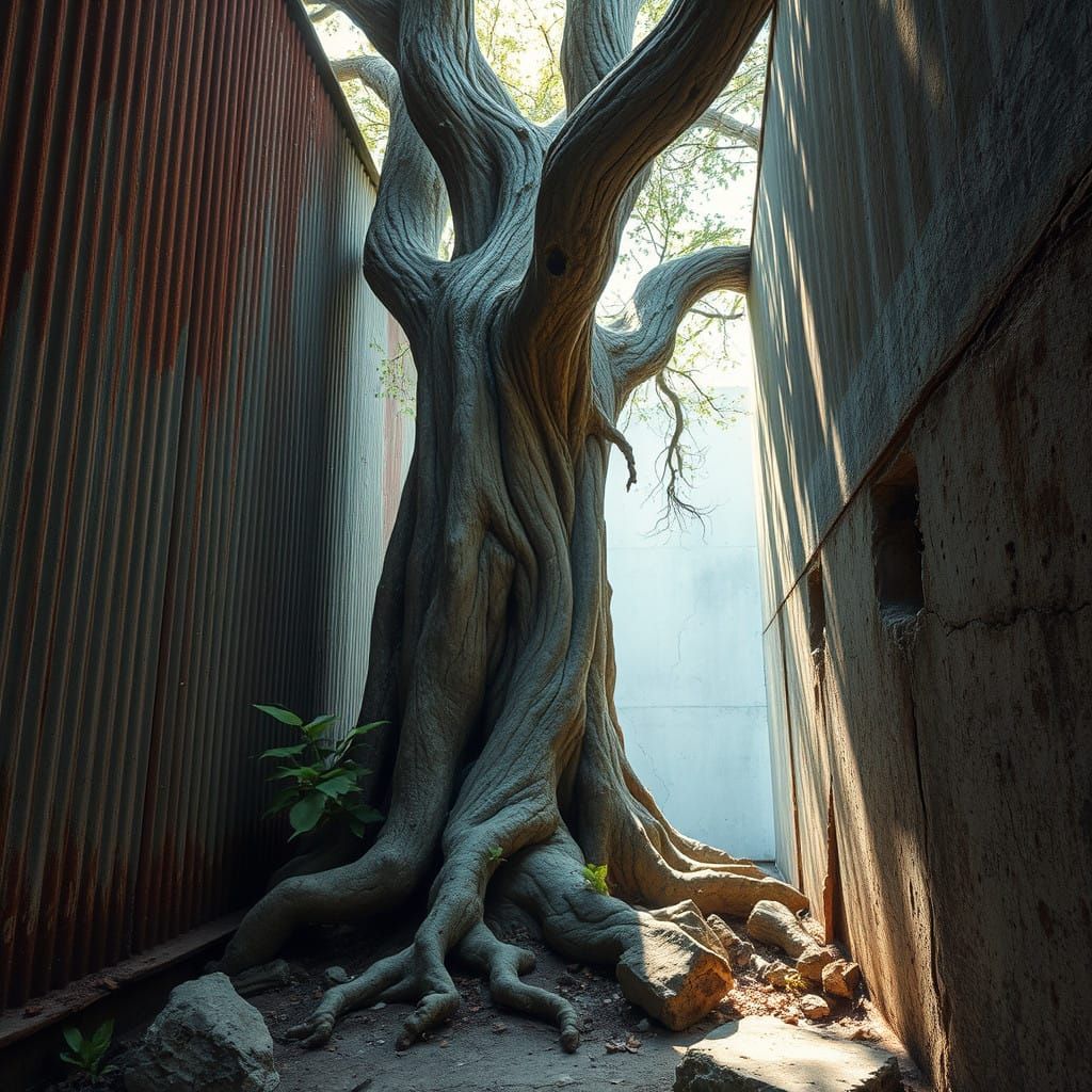 Ancient Tree Thrives Amidst Urban Decay