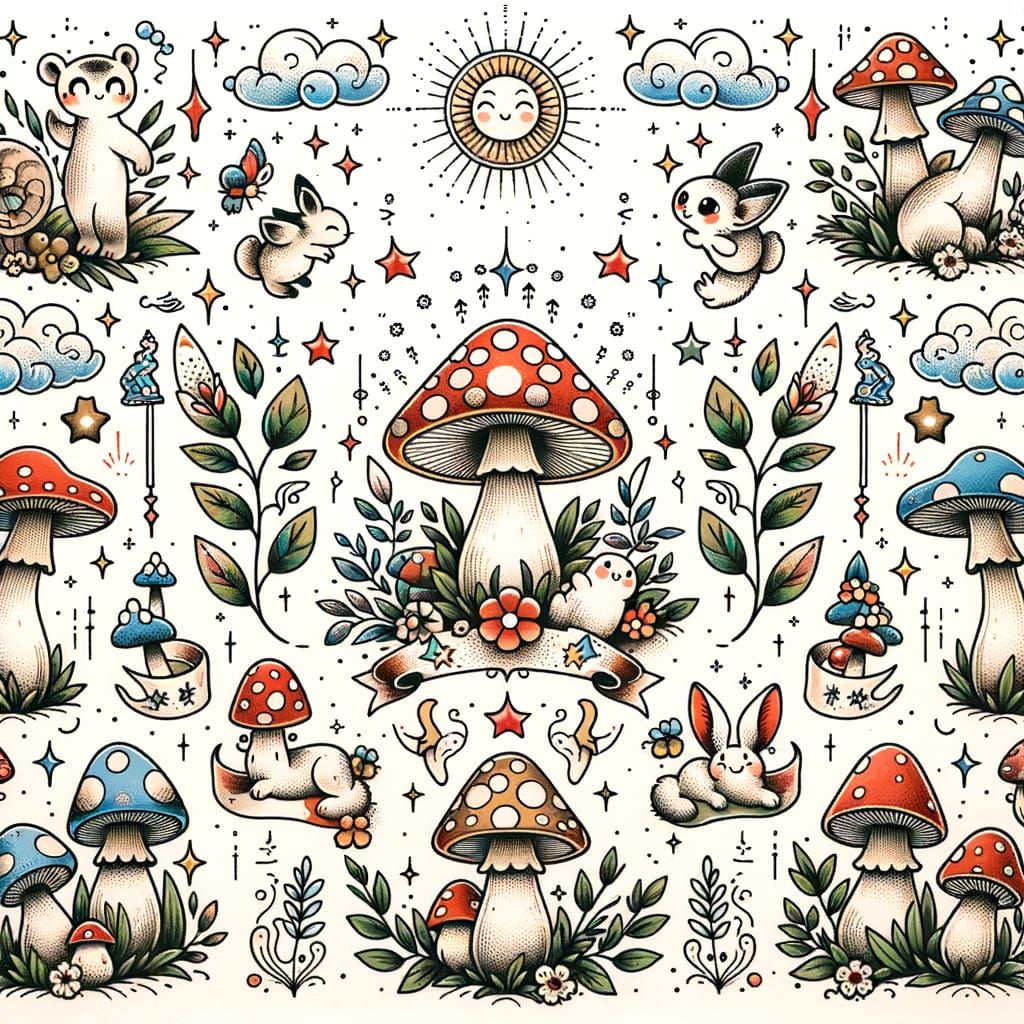 Vintage Tattoo Flash Sheet with Mushroom Characters