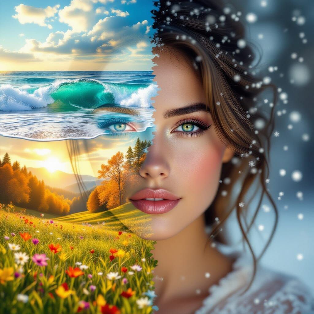 Four Seasons Portrait in Double Exposure Style