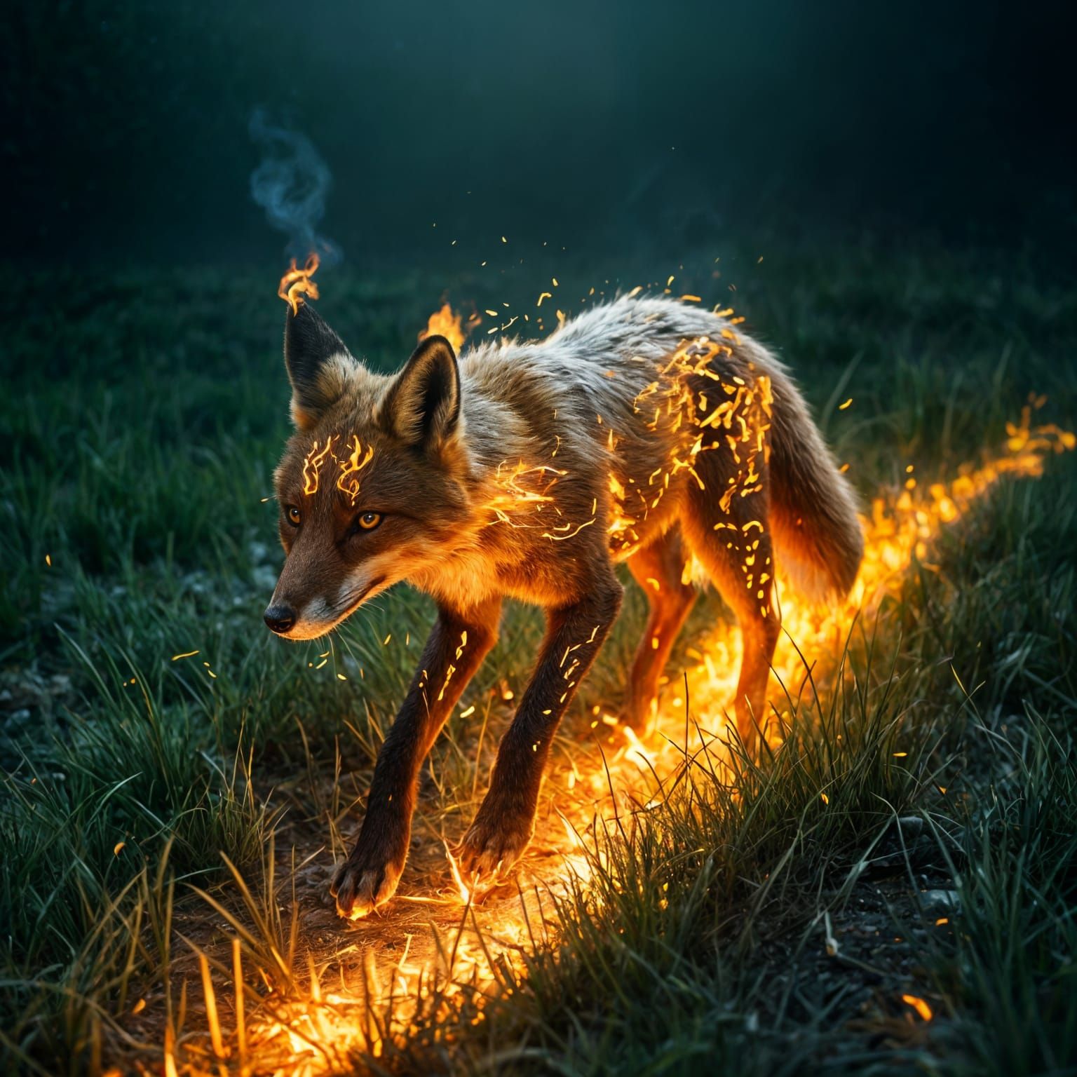 Glowing Ember Fox Emerges from Fiery Blaze