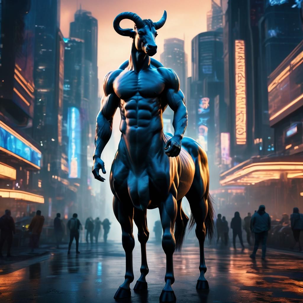 Handsome Centaur in Futuristic Cityscape Concept Art