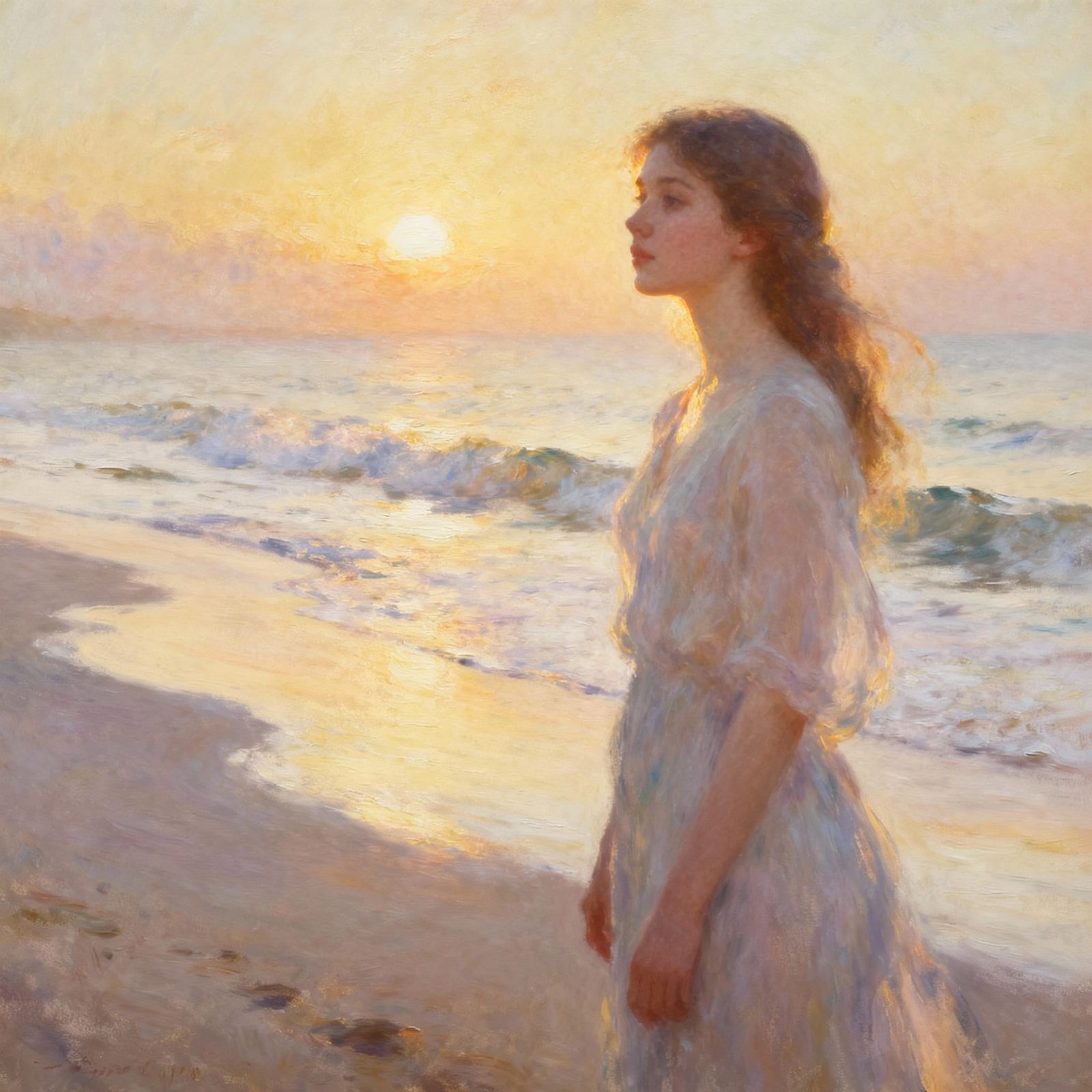 Ethereal Woman on Beach at Dawn