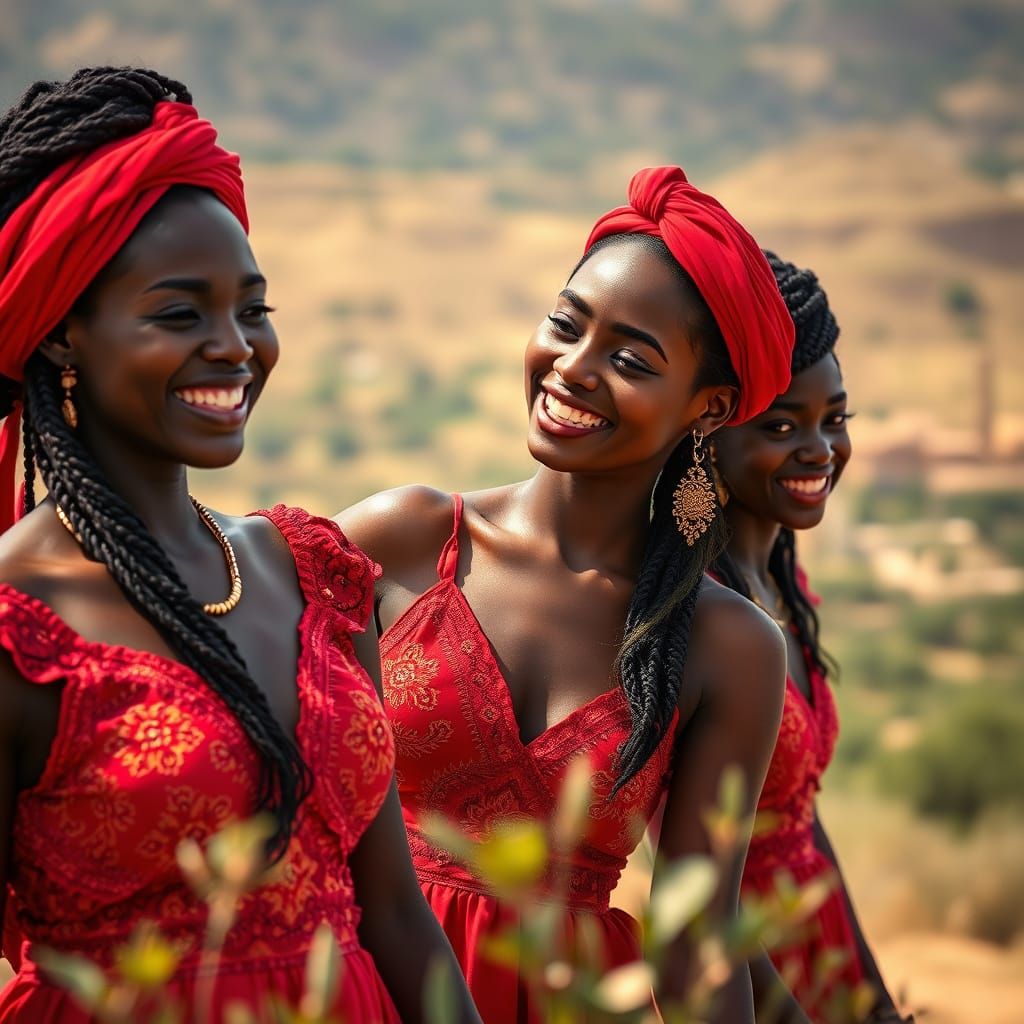 Smiling Women in Red Dresses, Photorealistic Andalusia Lands...