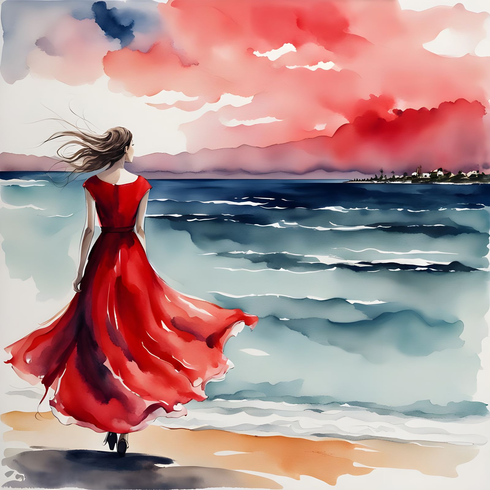Woman in Red Dress Gazing at Sea, Watercolor