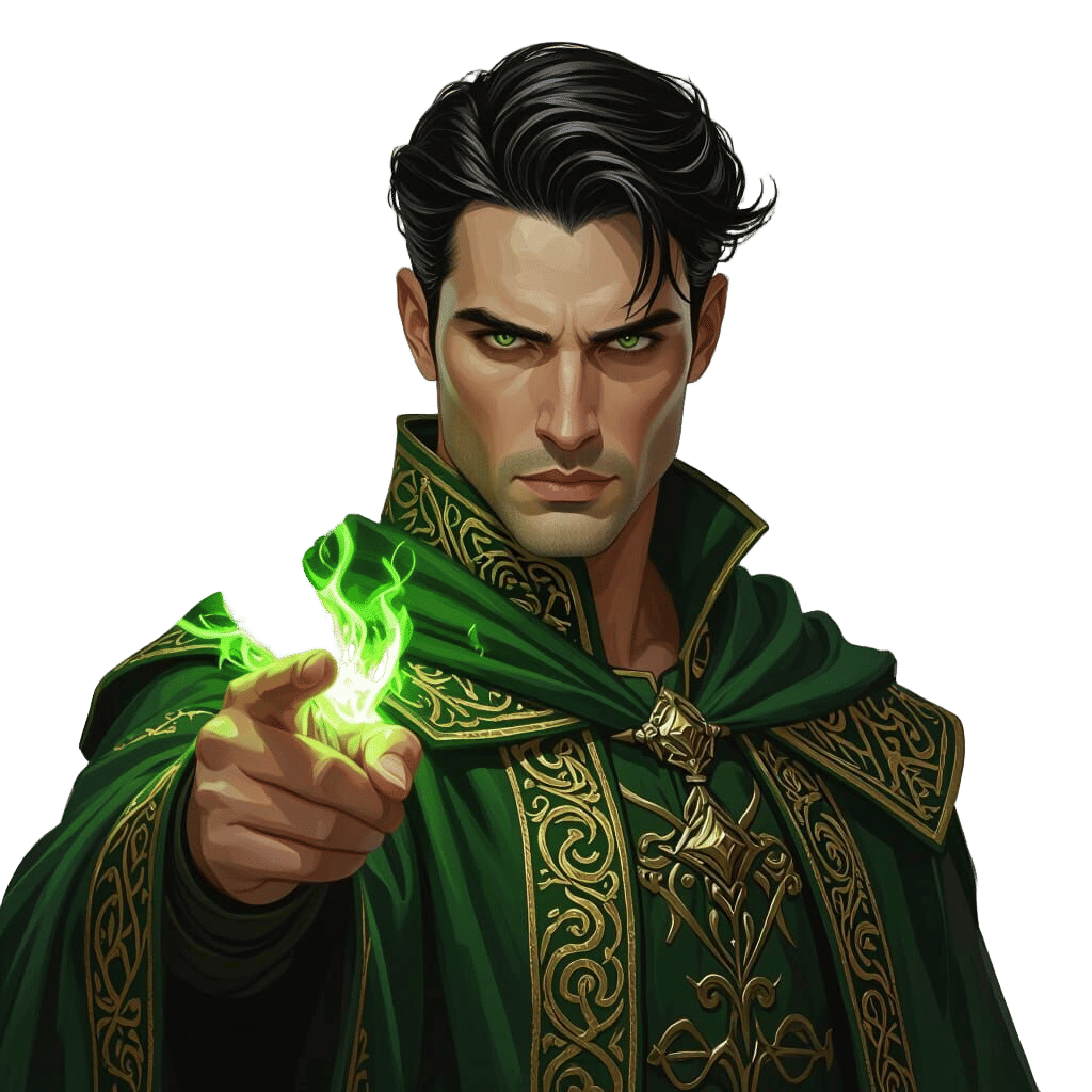 Man in Medieval Robes Conjuring Green Flames