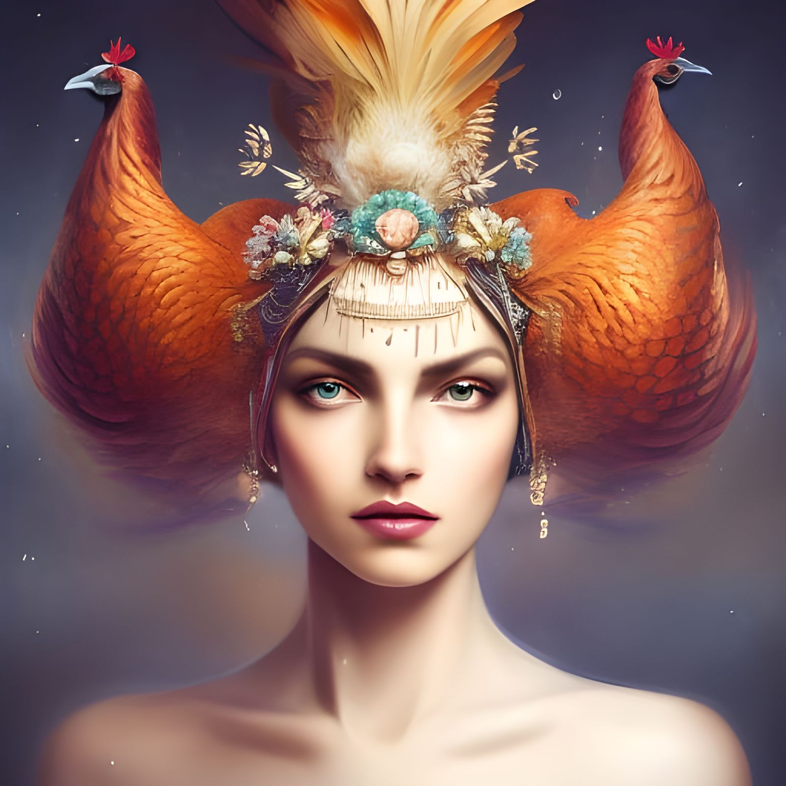 Queen with Rooster Hat in Art Nouveau Style