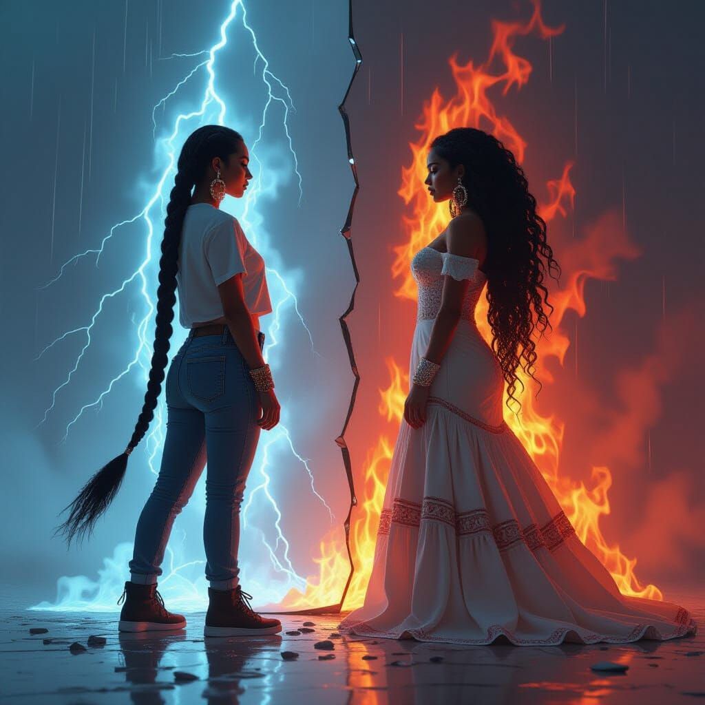 Surreal Portrait of Twin Native American Women in Contrastin...