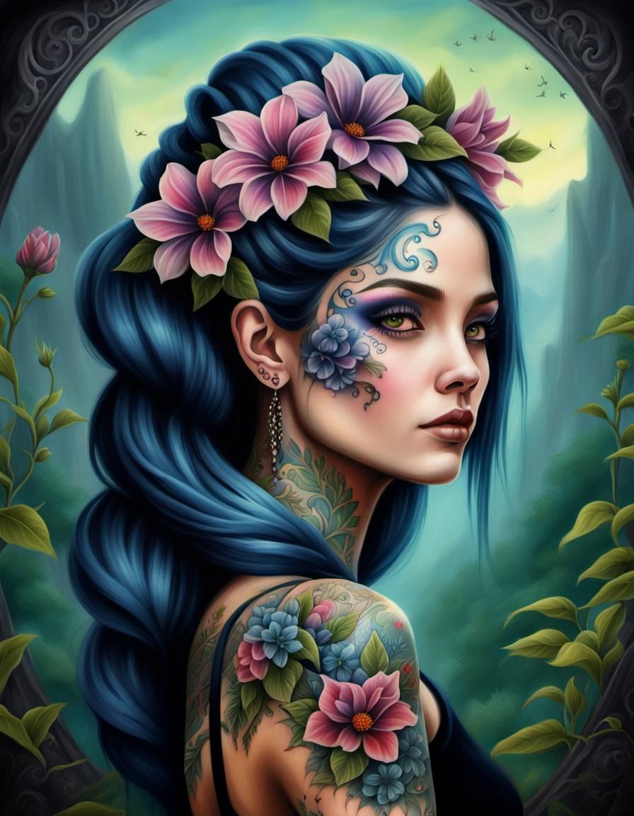 Woman with Gothic Tattoos and Flowers, Airbrushed Art