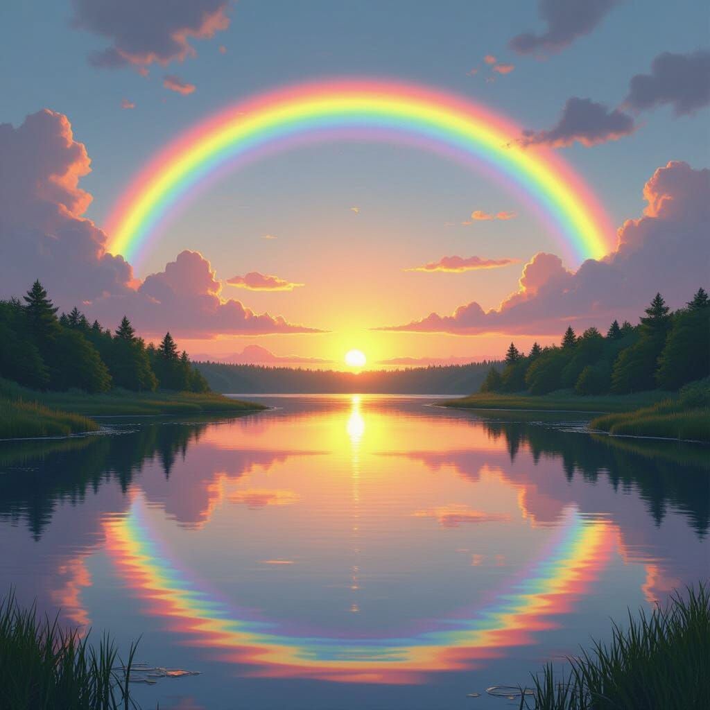 Rainbow Reflected in Dreamlike Landscape as Matte Painting