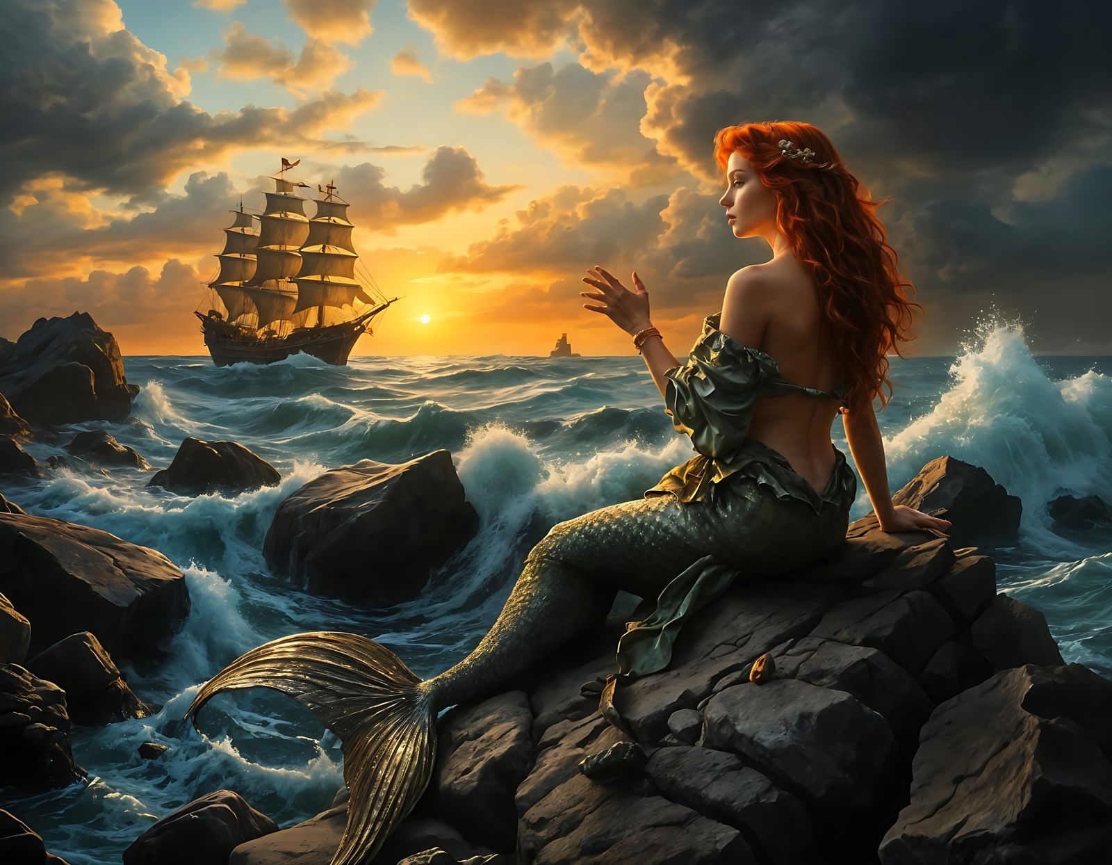 Mermaid's Song Lures Ship: Oil Painting in Rembrandt Style