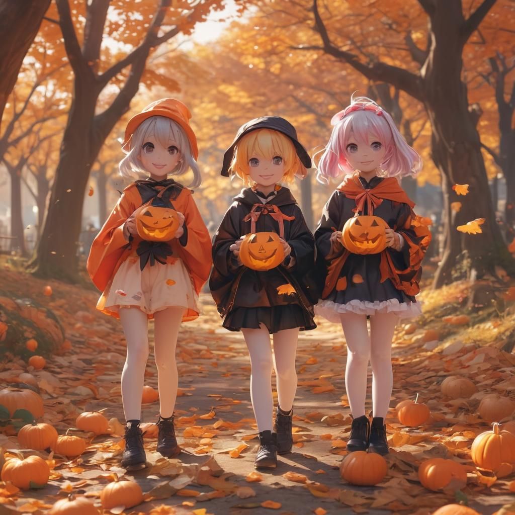 Kids in Halloween Costumes: Vibrant Anime Illustration