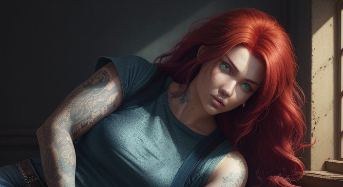 Vibrant Redhead in Moody Landscape