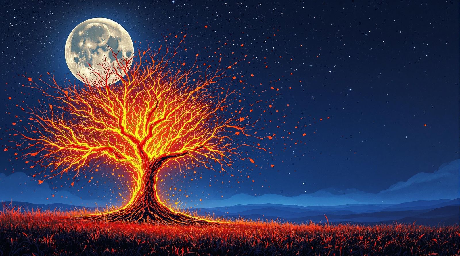 Fiery Tree Graffiti Art Under Moonlight