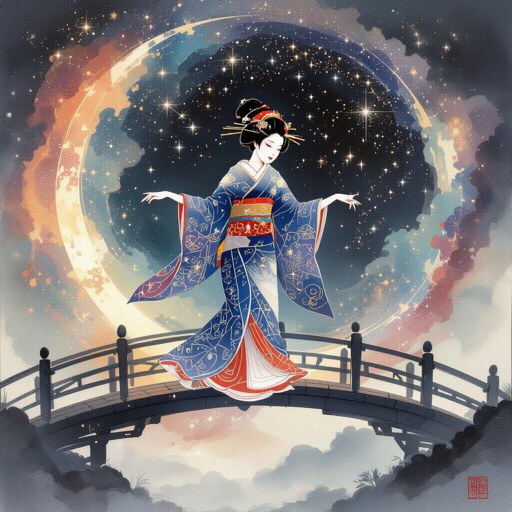 Celestial Geisha Dances on Moonlight Bridge in Cosmic Vortex