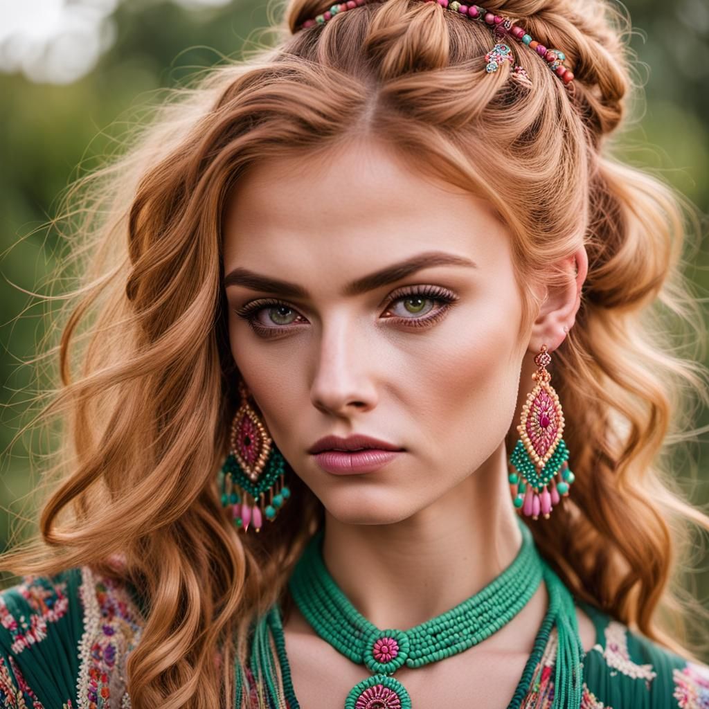 Sad Girl Portrait with Macrame Jewelry, Digital Art