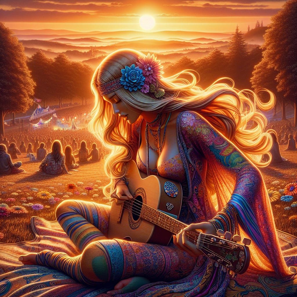 Hippie Girl at Sunset Music Festival in Art Nouveau Style
